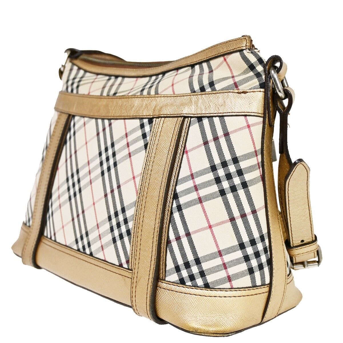 BURBERRY Logo Nova Check Shoulder Bag Canvas Leather Beige Gold Silver 60HB657