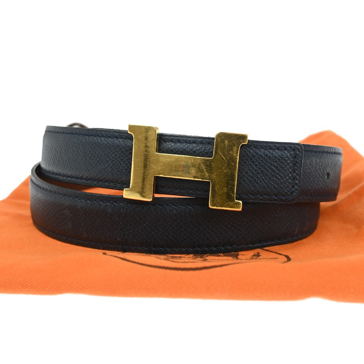 HERMES H Logo Constance Reversible Buckle Belt #80 Leather Blue Brown 65YG455