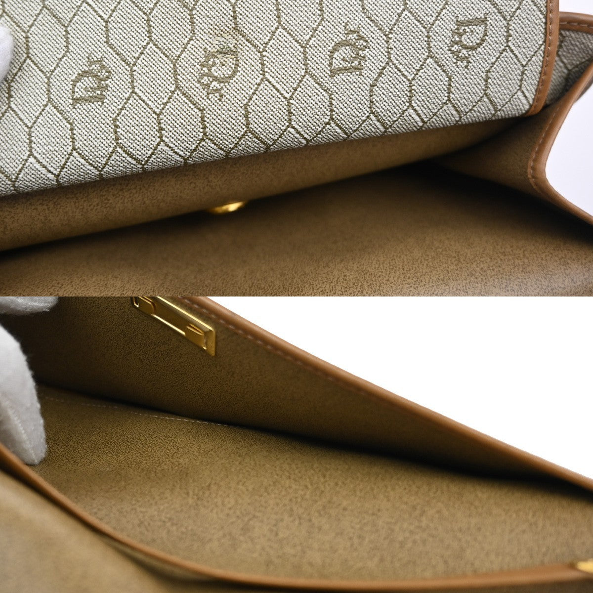 CHRISTIAN DIOR Logo Honey comb Chain Shoulder Bag PVC Leather GHW Beige 65KB707