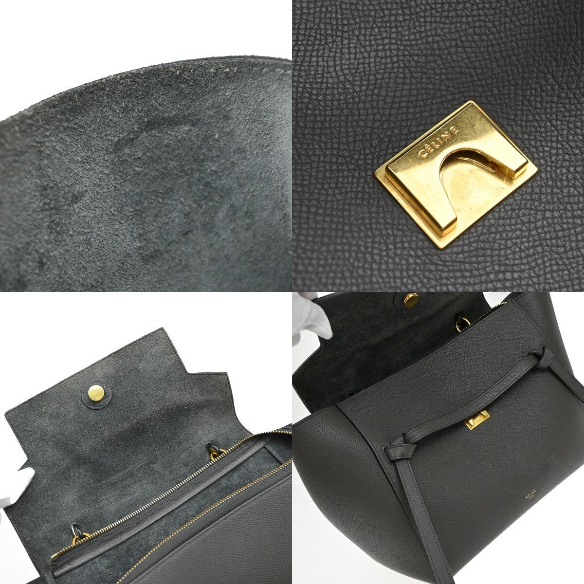 CELINE Logo Belt Bag Mini 2Way Shoulder Hand Bag Leather Gray GHW Italy 25EE372