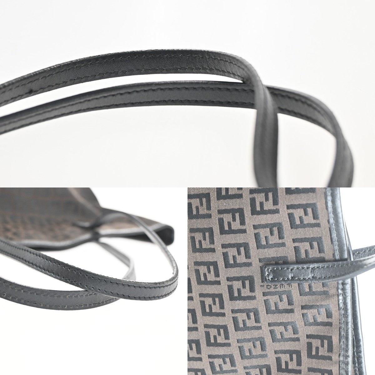 FENDI Logo Zucchino Hand Tote Bag Canvas Leather Brown Black SHW 80TA555