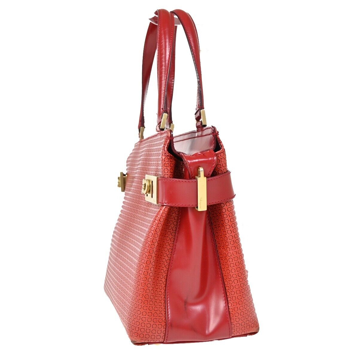SALVATORE FERRAGAMO Logo Gancini Hand Bag Leather Red Gold Italy  66SH719