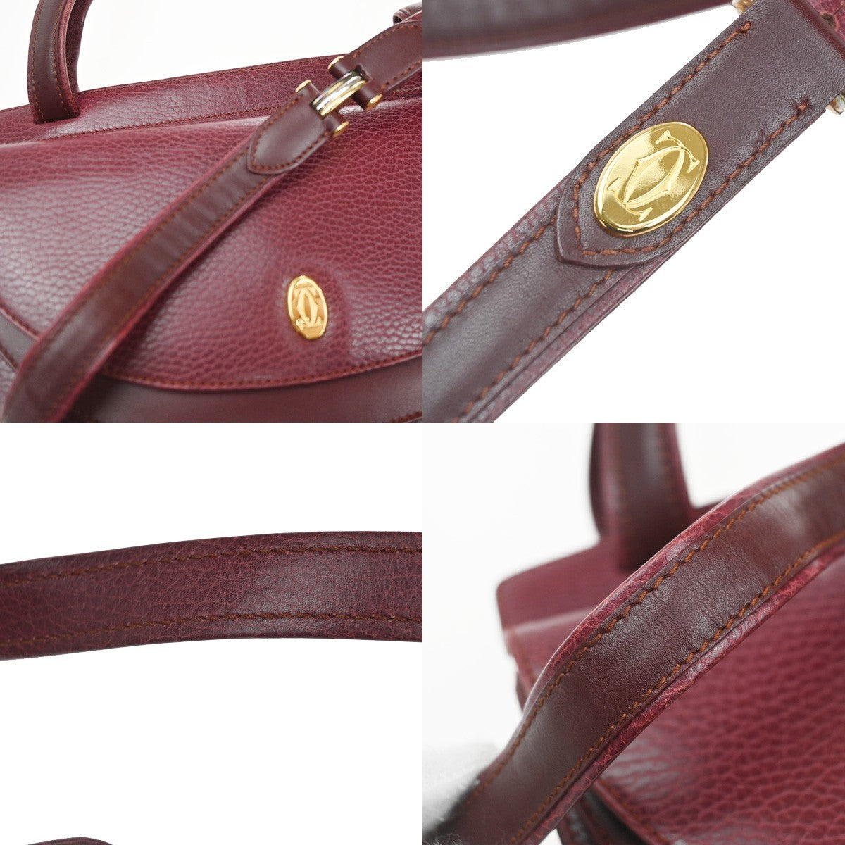 MUST DE CARTIER 2C Logo Shoulder Hand Bag Leather Red Burgundy GHW Spain 36CA740