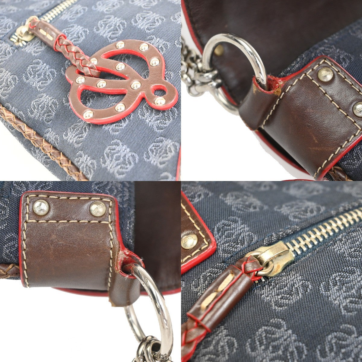 LOEWE Logo Anagram Studded Flap Shoulder Bag Canvas Leather Navy SHW 35CA788