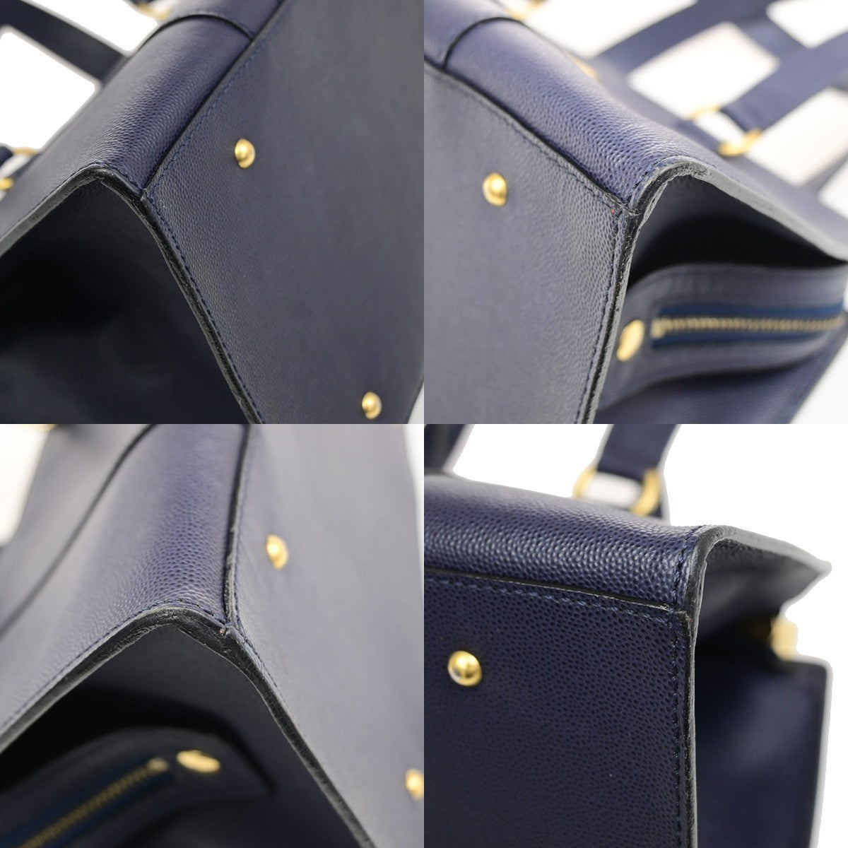 CELINE Logo Shoulder Hand Bag Grained Leather Navy Blue GHW Italy 65KD114