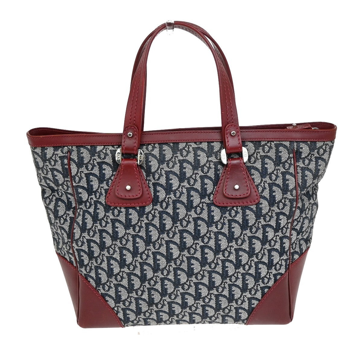 CHRISTIAN DIOR Trotter Pattern Hand Bag Canvas Leather Navy Blue Red 16EE257