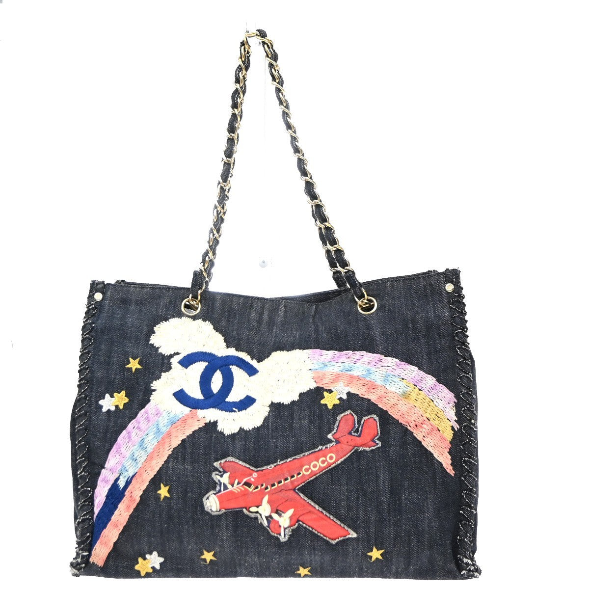 CHANEL CC Denim Night Flight Chain Shoulder Tote Bag Canvas Leather BE 110RP173