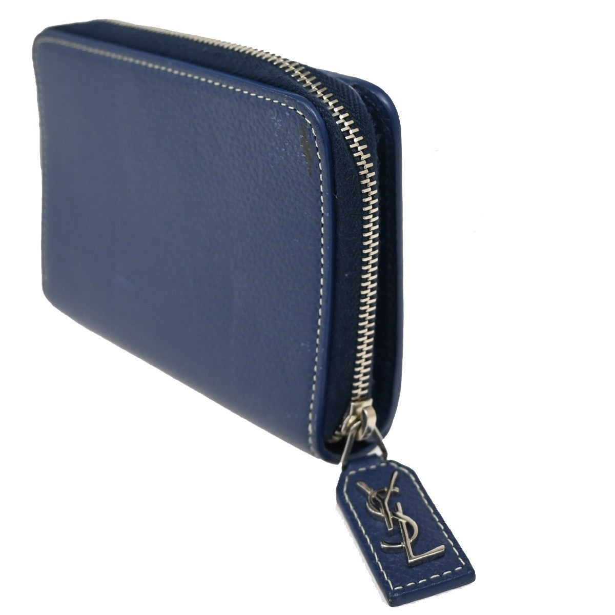 YVES SAINT LAURENT Zipper Around Compact Wallet  Leather Blue 65KB728