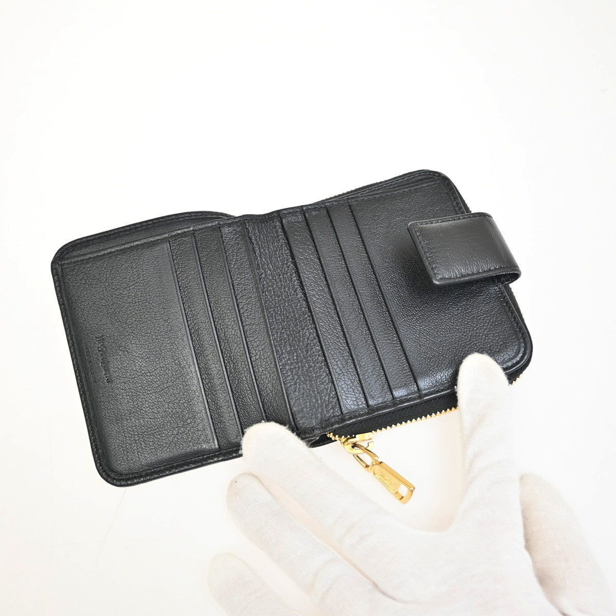 YVES SAINT LAURENT YSL Zipper Around Compact Wallet Purse Leather Black 31KA656