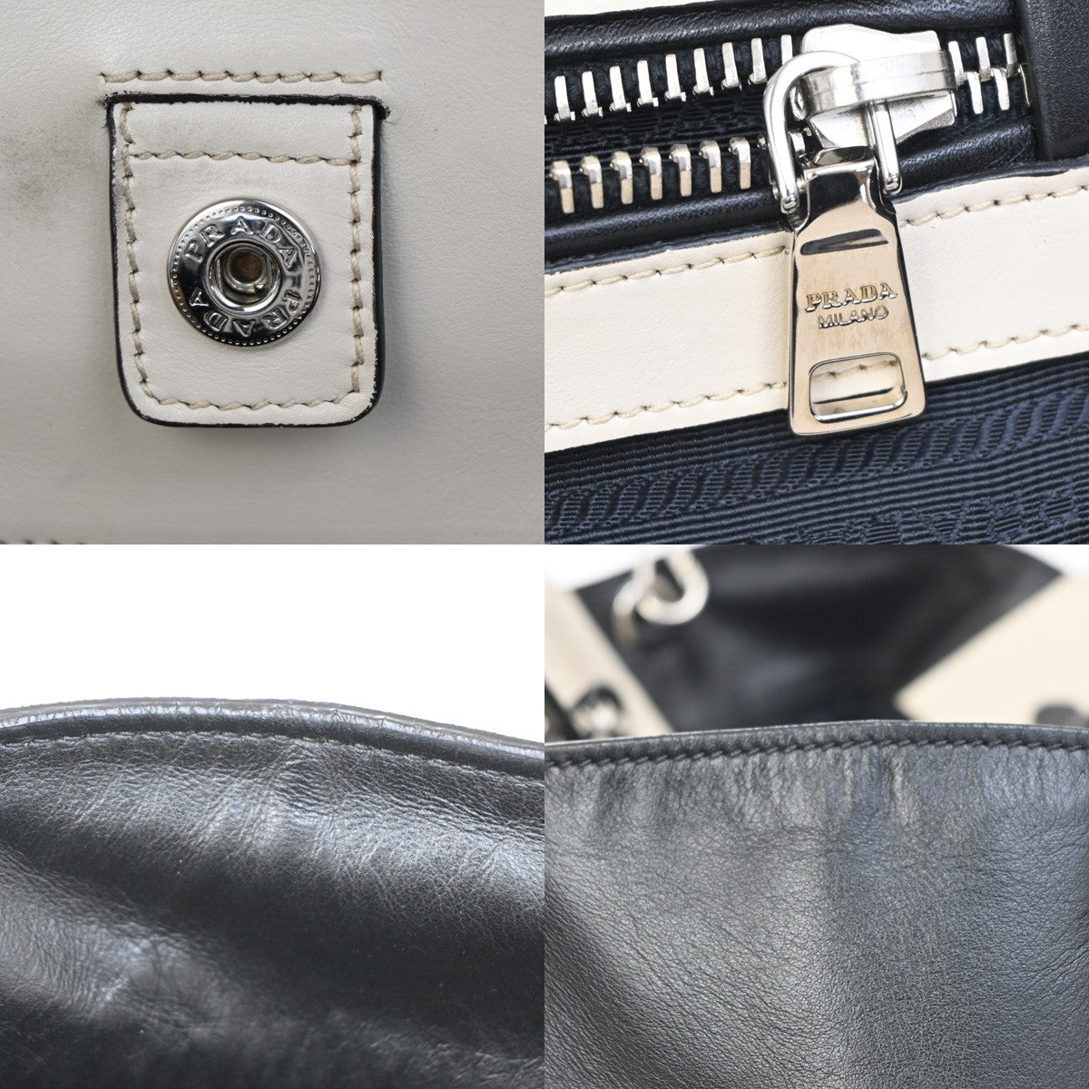 PRADA Logo Bicolor 2Way Shoulder Hand Bag Leather Black White Italy 34AA065
