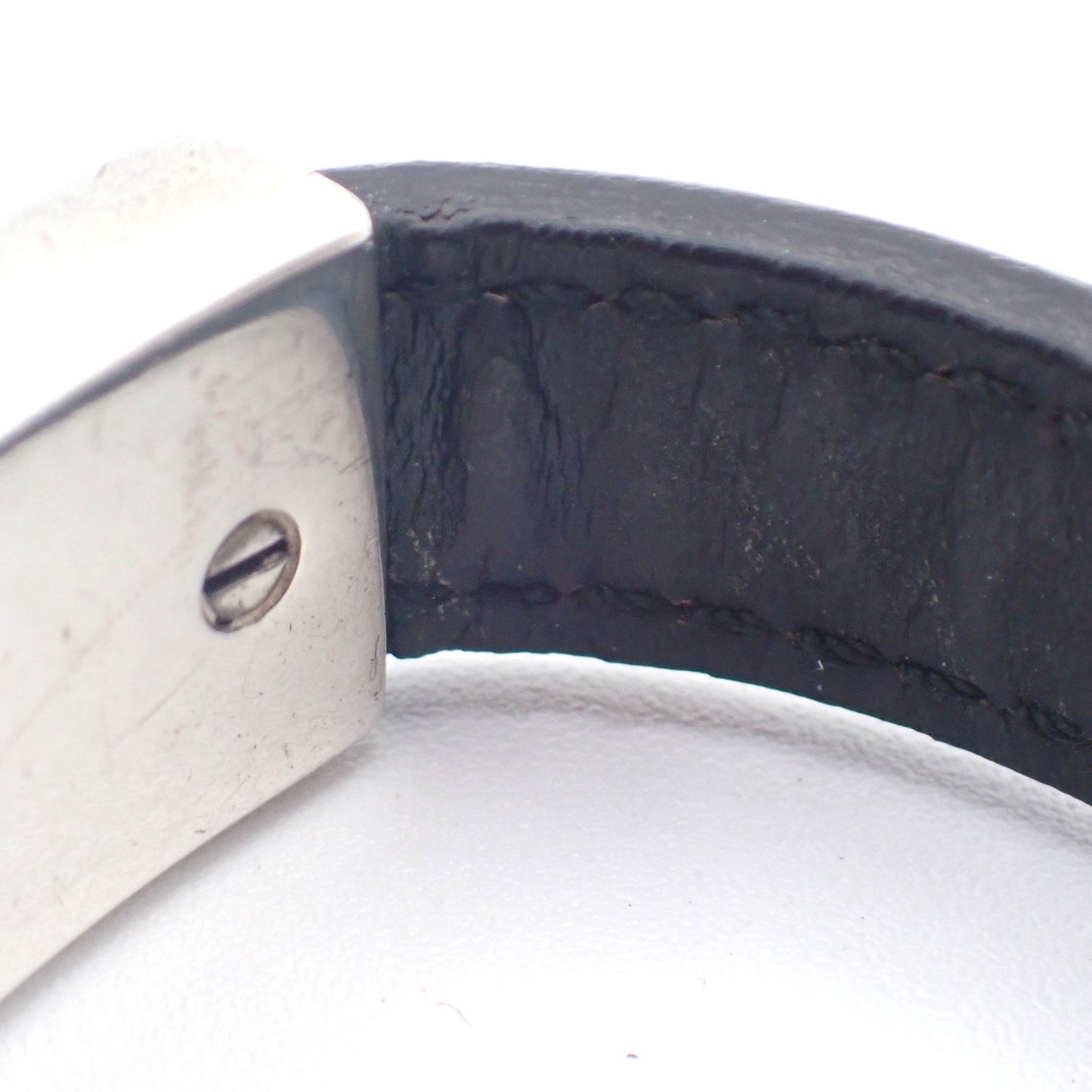 GUCCI Logo Bar Bracelet Bangle Leather Metal Black Silver925 Italy 01CA779