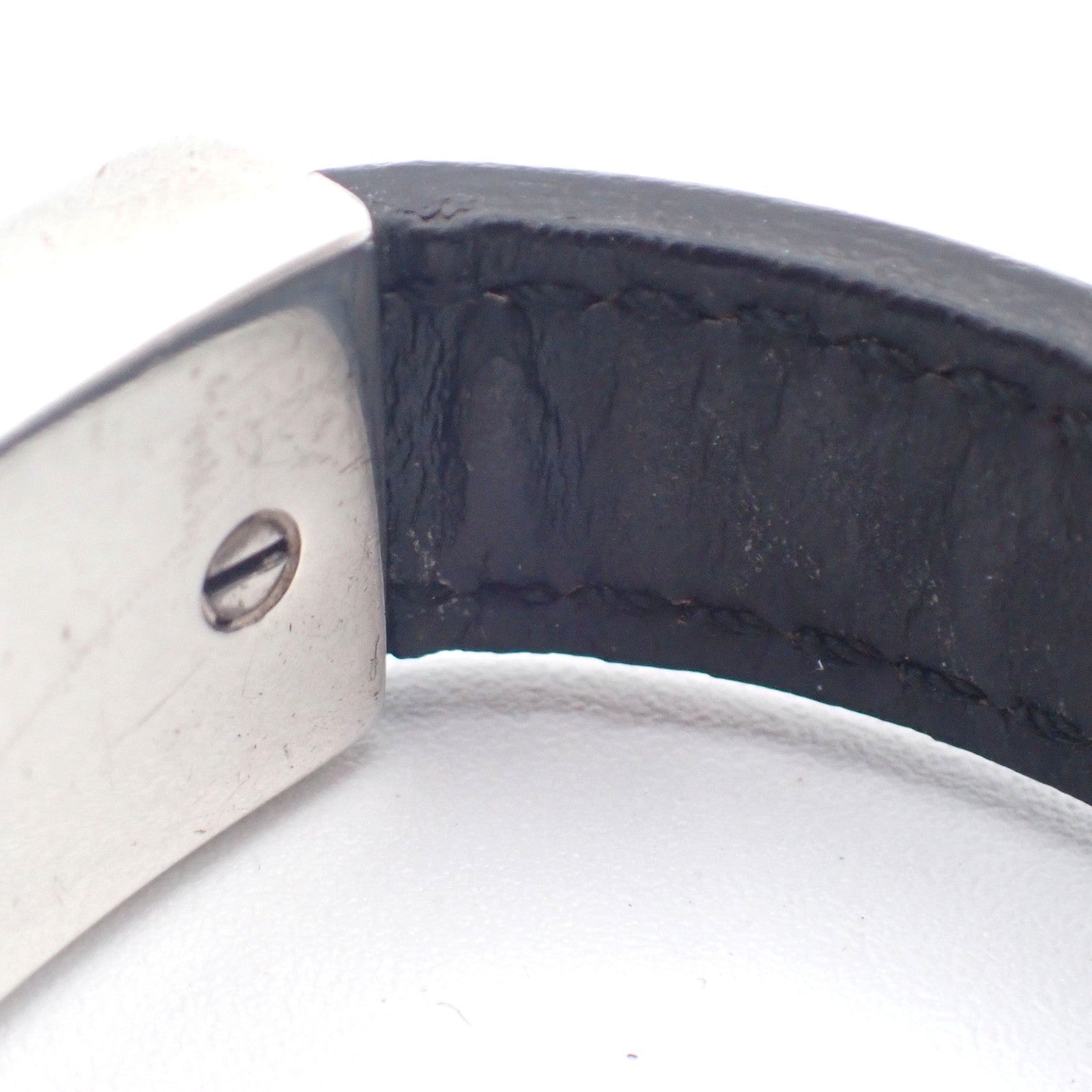 GUCCI Logo Bar Bracelet Bangle Leather Metal Black Silver925 Italy 01CA779