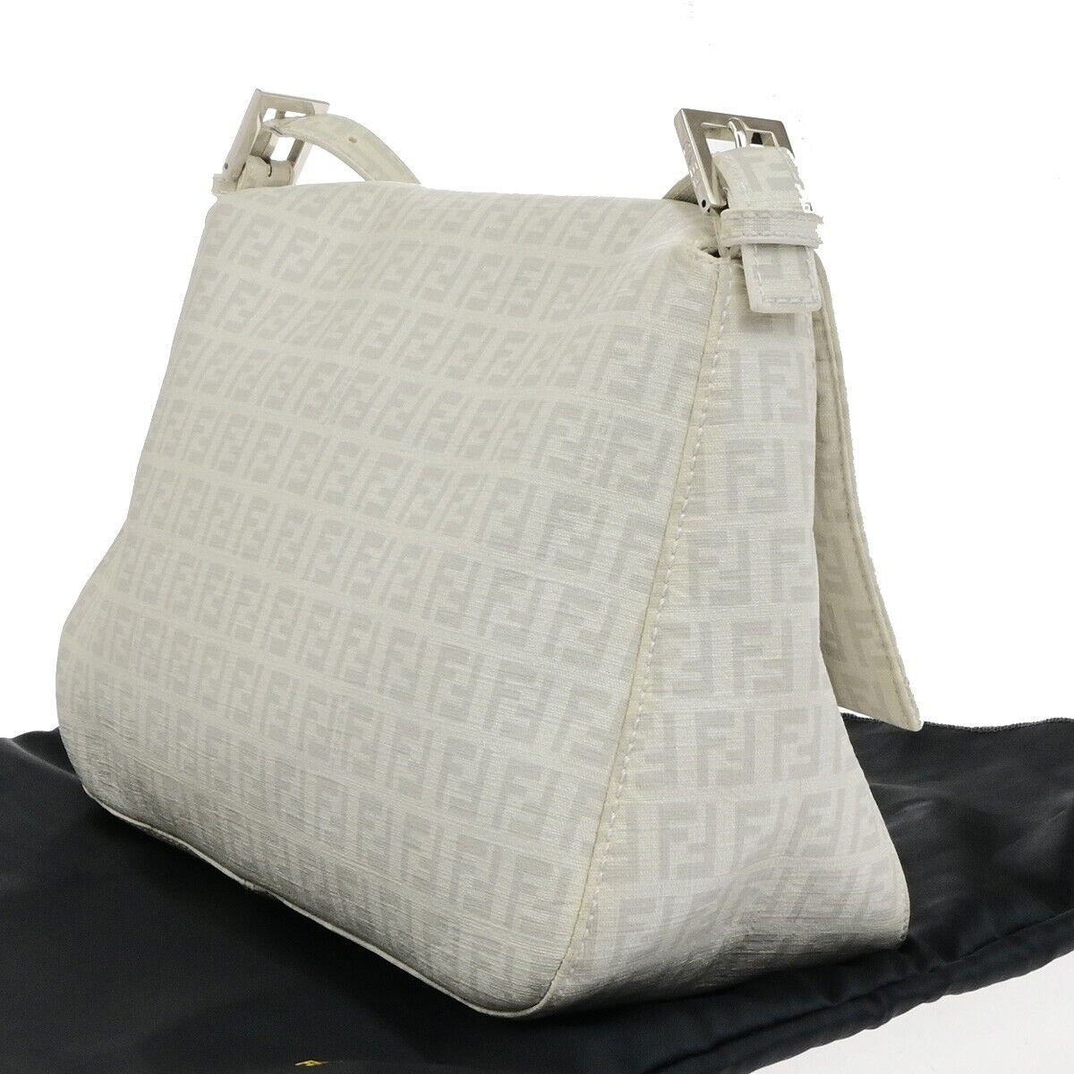 FENDI Logo Mamma Zucchino Pattern Chain Shoulder Bag PVC White Silver 18KA550