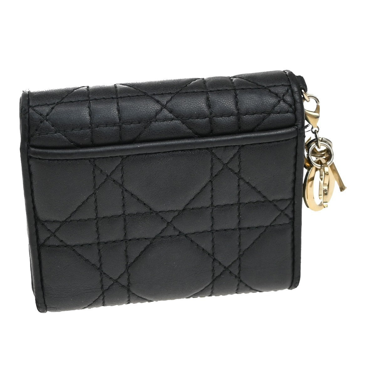 CHRISTIAN DIOR Cannage Charm Trifold Compact Wallet Leather Black GHW 65KB466