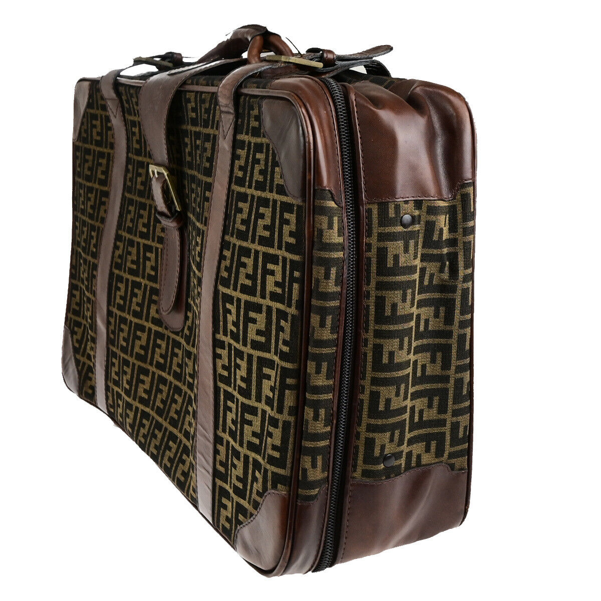 FENDI Logo Zucca Pattern Suitcase Travel Hand Bag Canvas Leather Brown 36YG733