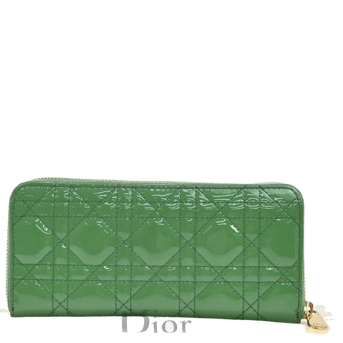 CHRISTIAN DIOR Logo Cannage Zip Around Long Wallet Patent Leather Green 36EG143