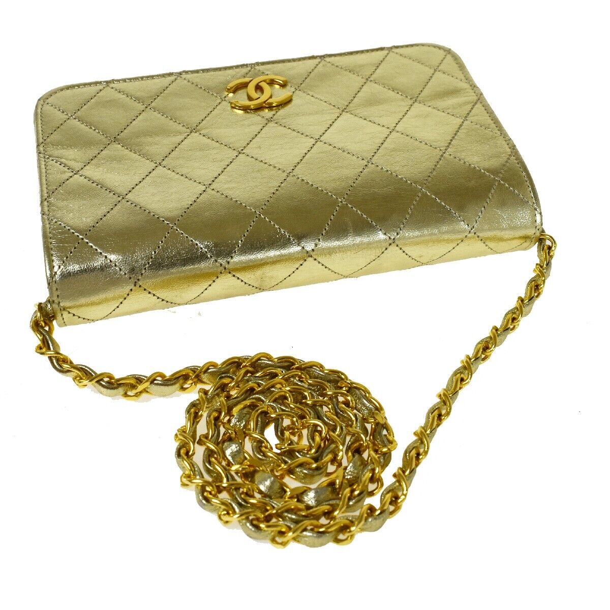 CHANEL CC Logo Mini Matelasse Full Flap Chain Shoulder Bag Leather Gold 652RC501