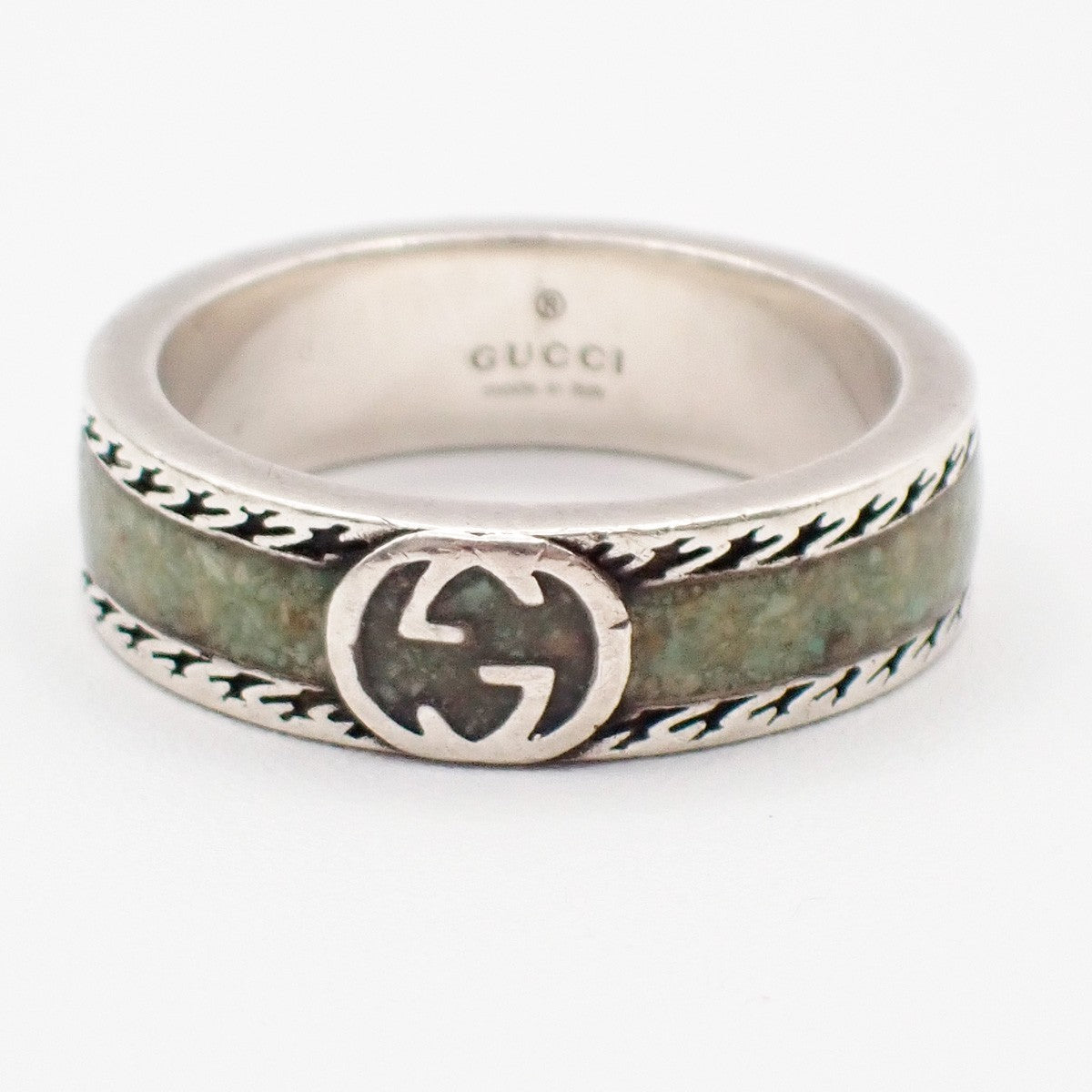 GUCCI Interlocking G Ring Ag 925 Size JP 17 US 8.5 Green Silver Italy 63YH795