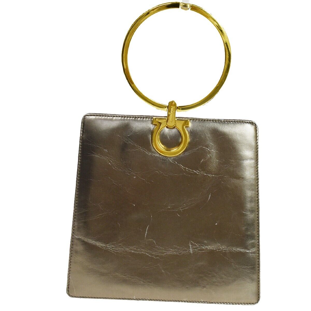 SALVATORE FERRAGAMO Gancini Metal Handle Clutch Hand Bag Leather Gold 62EA805