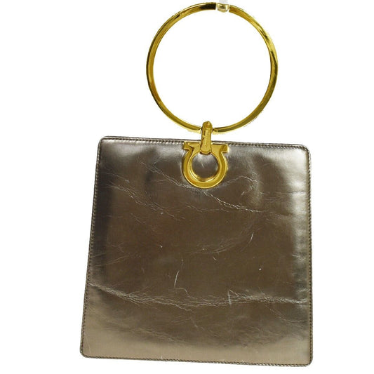 SALVATORE FERRAGAMO Gancini Metal Handle Clutch Hand Bag Leather Gold 62EA805