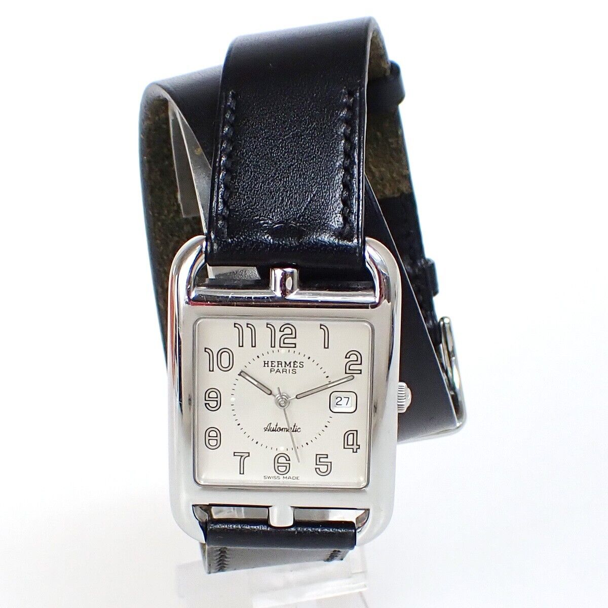 HERMES Logo Cape Cod Double Tour Wristwatch Leather ▢D Black Silver 660LC513
