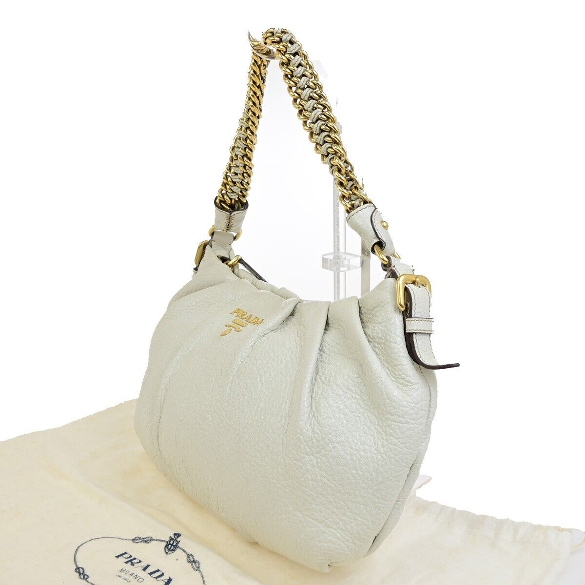 PRADA Logo Cervo Lux Chain Shoulder Hobo Bag Leather White GHW 84FB371