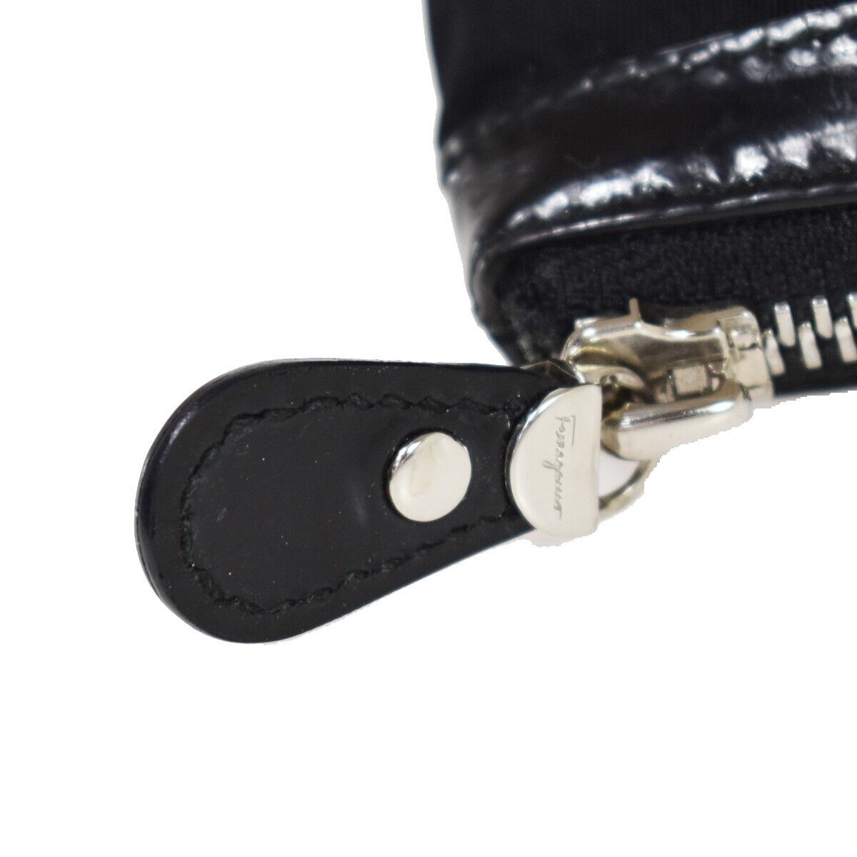 SALVATORE FERRAGAMO Vara Vanity Pouch Case Nylon Patent Leather Black 07GA588