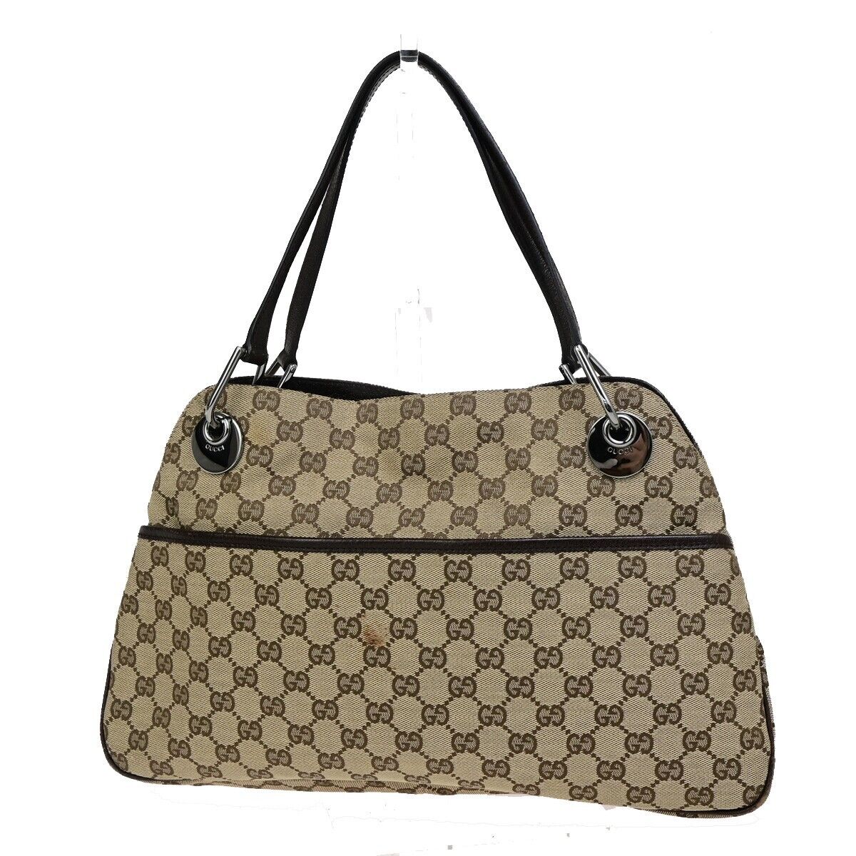 GUCCI Logo GG Pattern Shoulder Tote Bag Canvas Leather Brown SHW Italy 67EC877