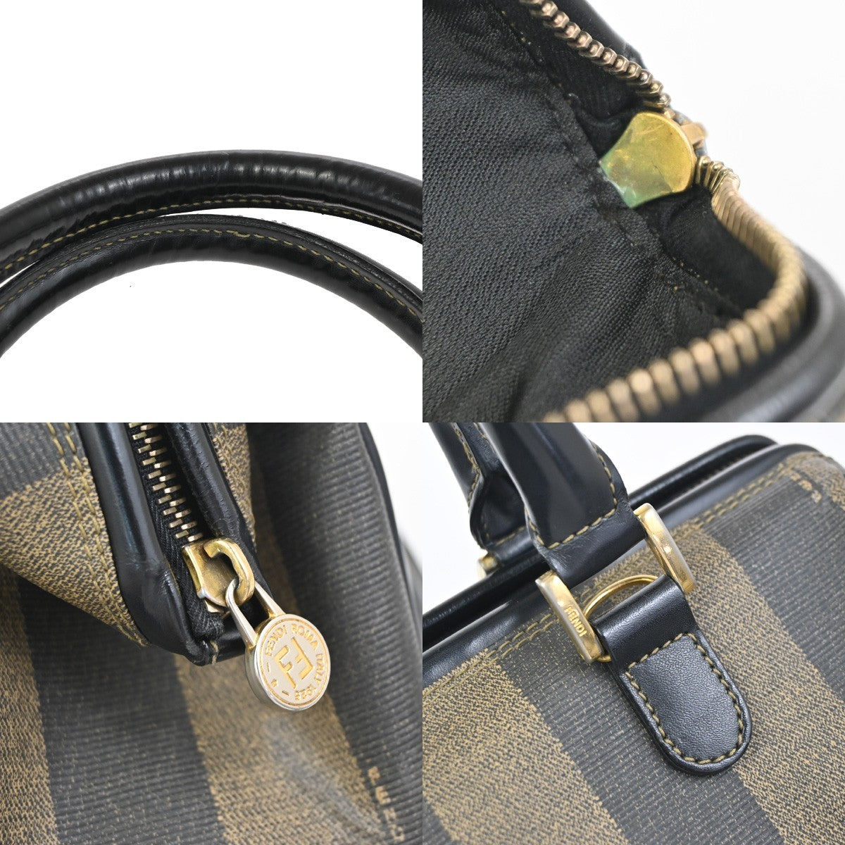 FENDI Logo Pequin Mini Boston Hand Bag PVC Leather Black Khaki GHW Italy 32YH898