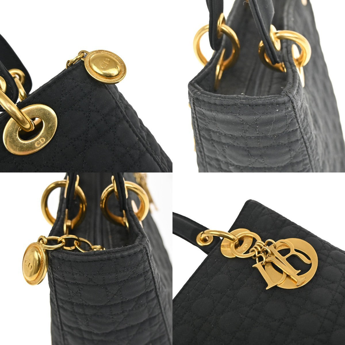 CHRISTIAN DIOR Logo Lady Cannage Hand Bag Nylon Leather Black GHW Italy 70EG071