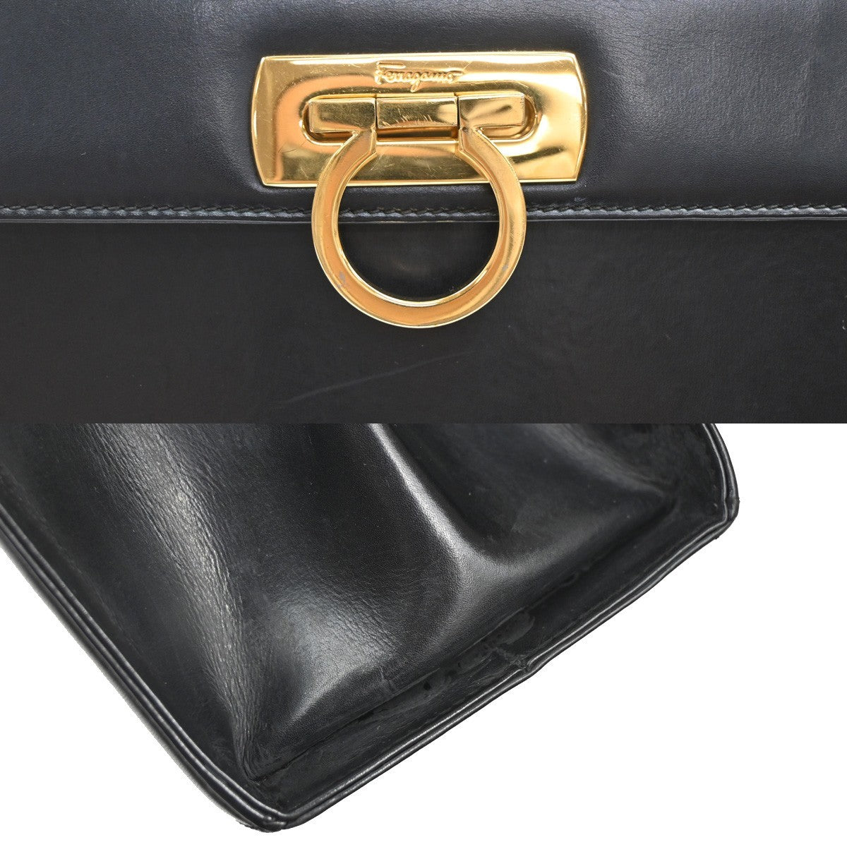 SALVATORE FERRAGAMO Logo Gancini Hand Bag Leather Black GHW Italy 36KA970