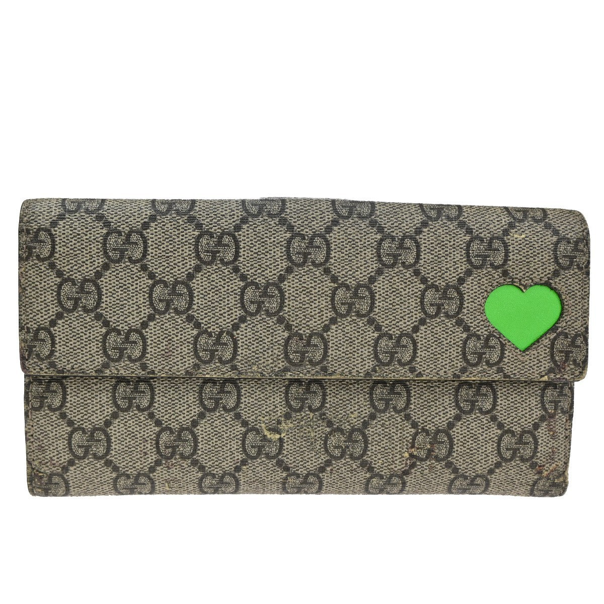 GUCCI Logo GG Tri-fold Long Wallet Supreme Leather Brown Green Heart 01TA236