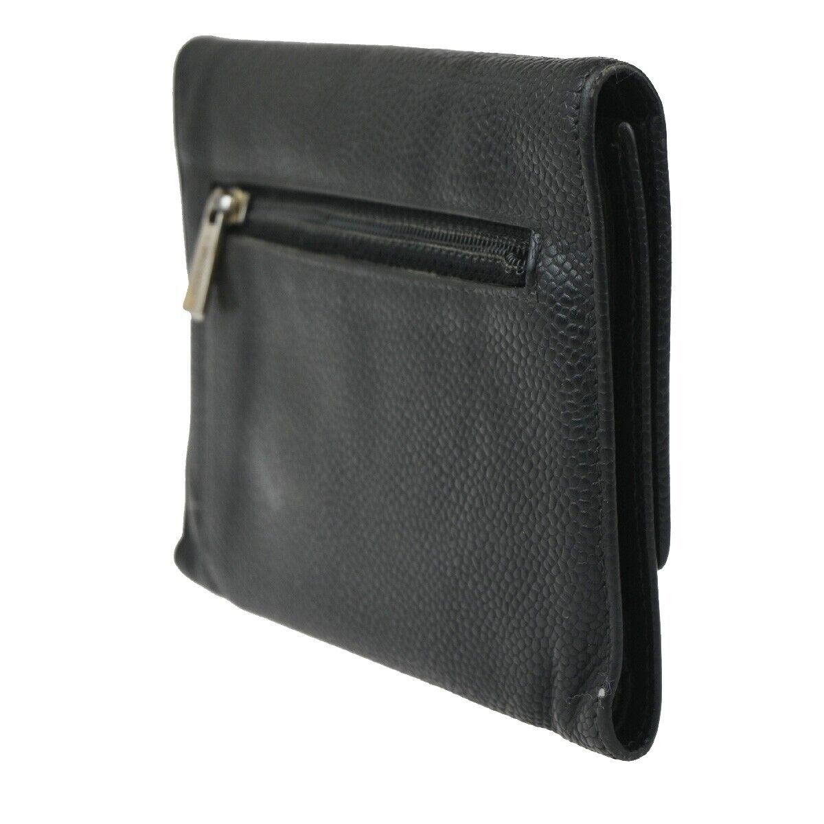 CHANEL CC Logo Trifold Wallet Purse Caviar Skin Leather Black GHW 02EA898