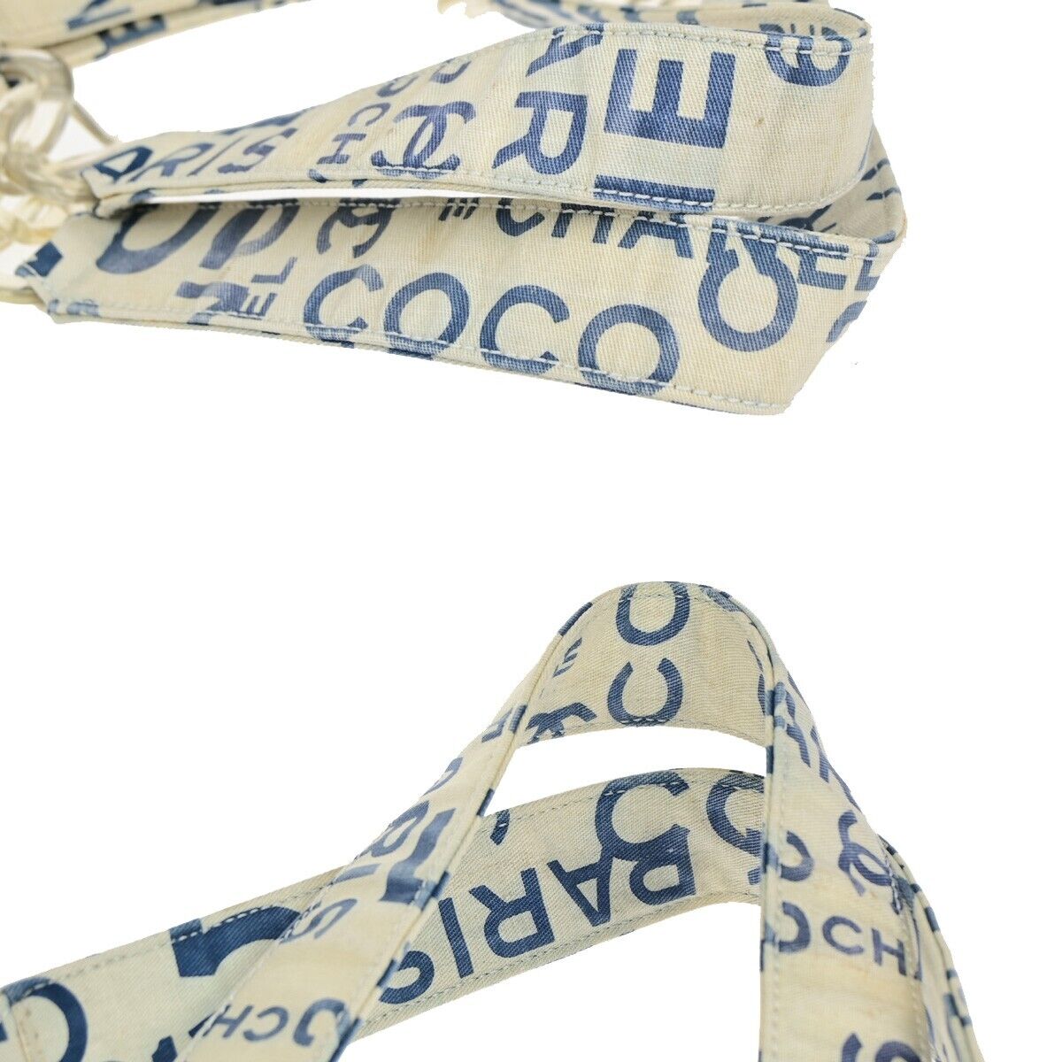 CHANEL Logo By Sea Shoulder Tote Bag Canvas Leather White Blue Italy 85EC913