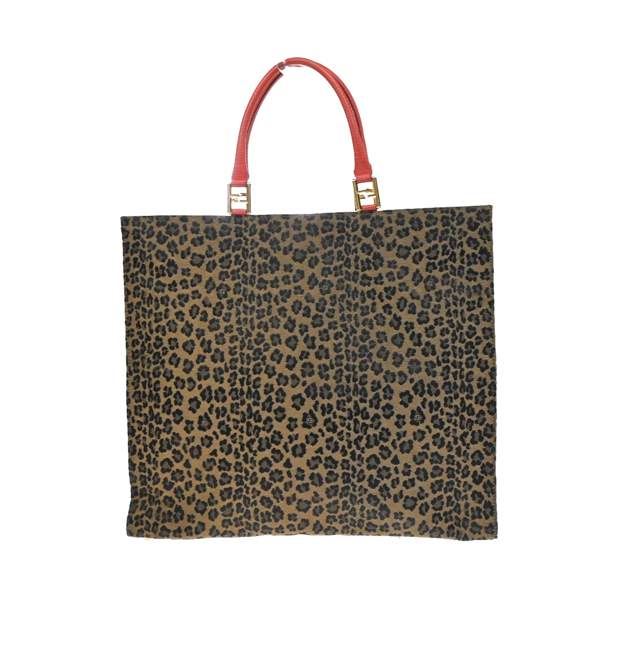 FENDI Logo Leopard Pattern Hand Bag Canvas Leather Brown Red Italy 38KD067