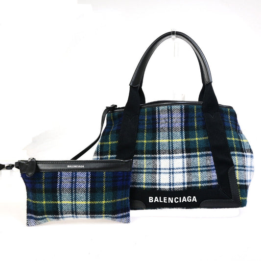 BALENCIAGA Navy Cabas S Hand Tote Bag Check Wool Leatehr Green Black 34RK296