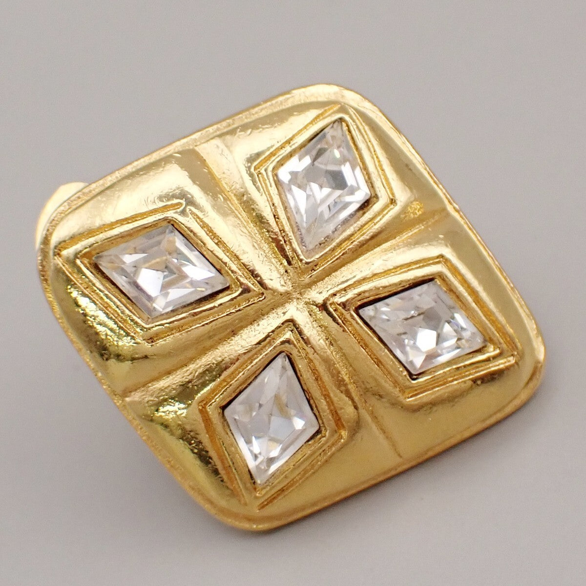CHANEL Logo Rhinestone Diamond Shape Button Earrings Clip-On GHW 31RL075