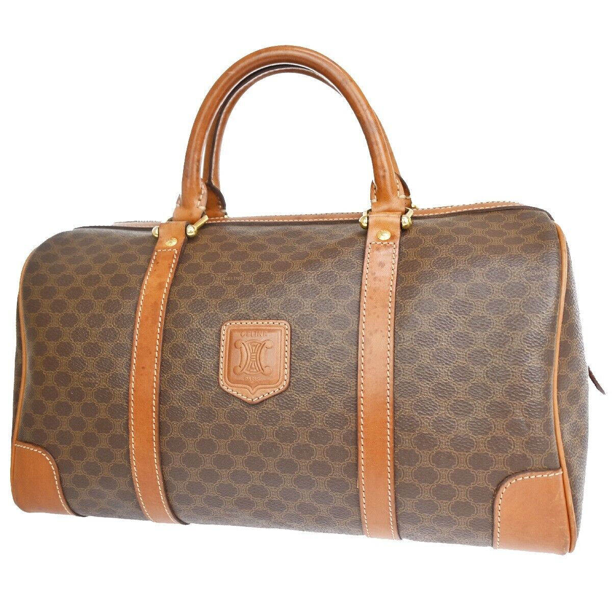 CELINE Macadam Pattern Travel Hand Bag PVC Leather Brown Gold Italy 68FA415