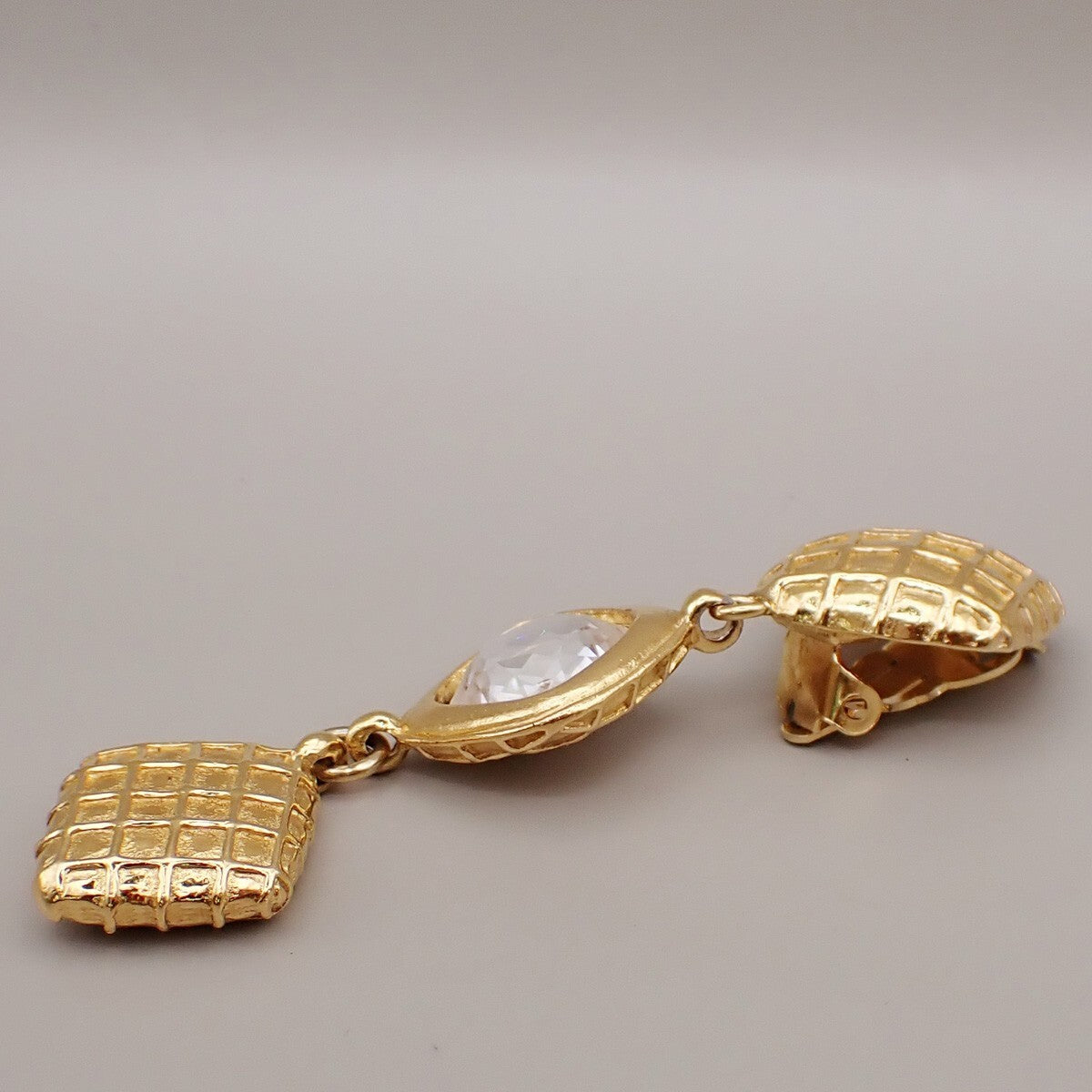 CHANEL Matelasse Diamond Shape Drop Earrings Rhinestone Clip-On Gold 73RL067