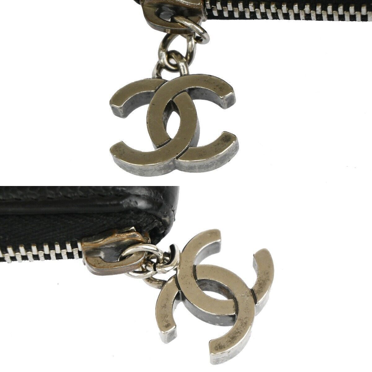 CHANEL CC Logo Zipper Long Bifold Wallet Purse Caviar Skin Leather Black 38YC420