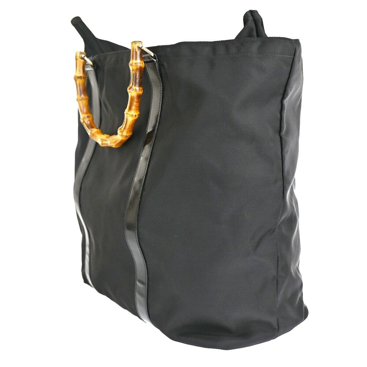 GUCCI Logo Bamboo Tote Hand Bag Nylon Leather Black Silver Italy 09YE231