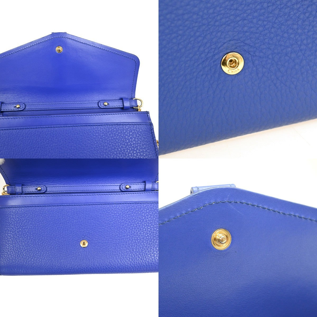 CHLOE Logo Chain Shoulder Bifold Long Wallet Leather Blue GHW Spain 64MA495