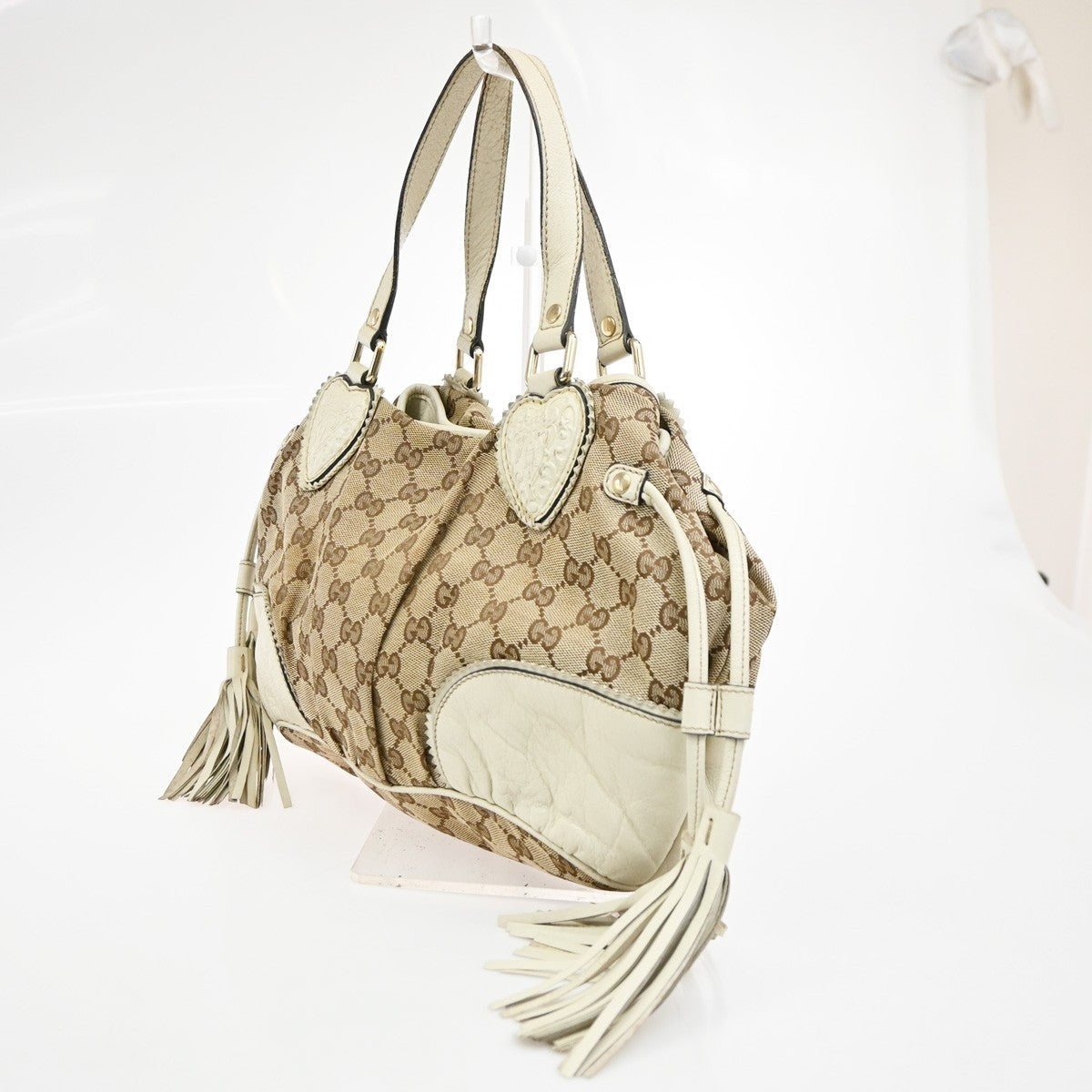 GUCCI GG Tassel Shoulder Tote Bag Canvas Leather Brown White Italy 62TA672