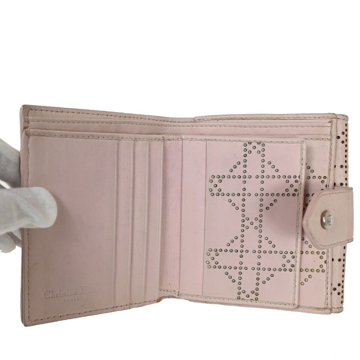 Christian Dior Cannage Bifold Wallet Purse Leather Pink Sliver Italy 07FA106