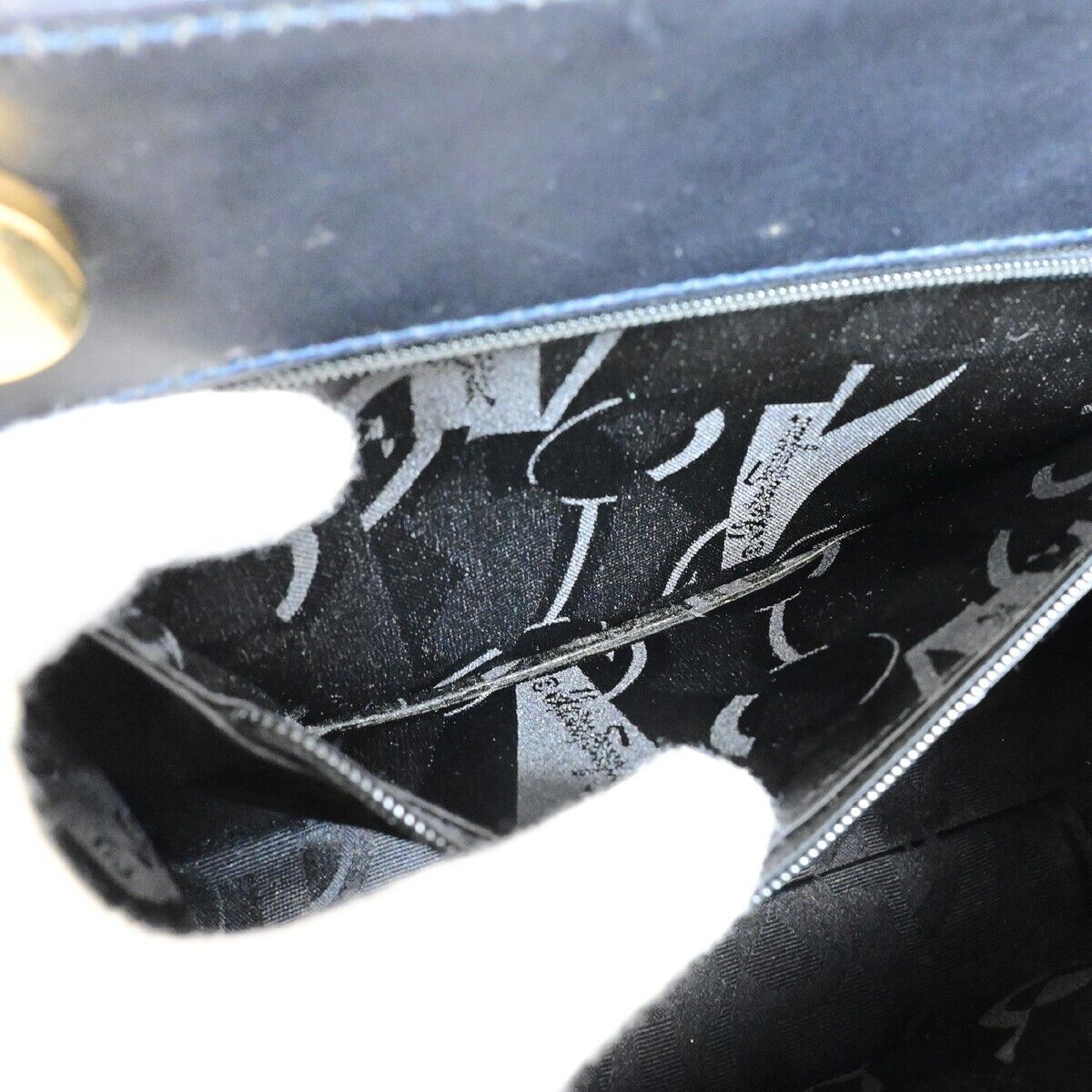 SALVATORE FERRAGAMO LOGO Vara 2Way Hand Bag Leather Canvas Navy Blue 65FA942