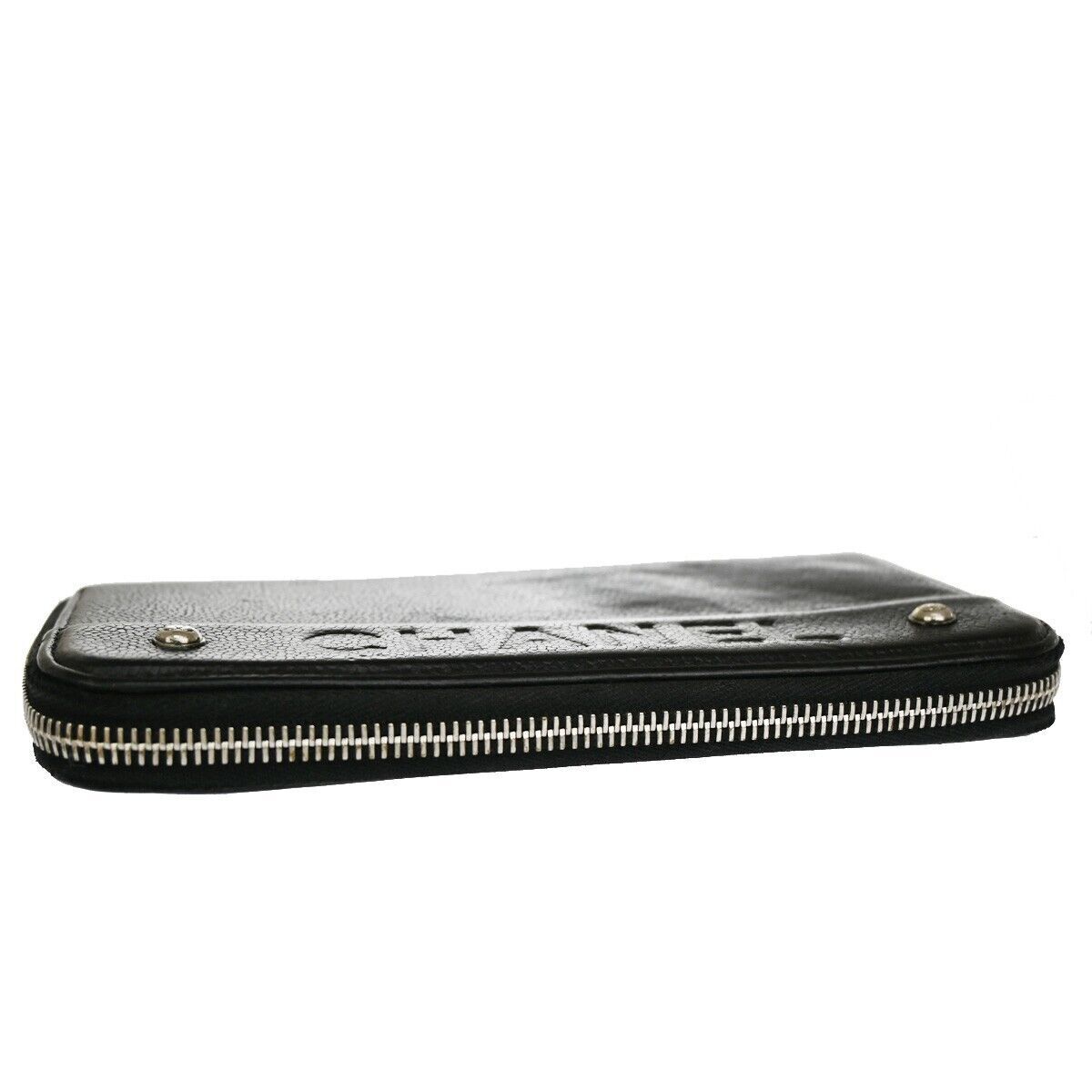 CHANEL CC Logo Zipper Long Bifold Wallet Purse Caviar Skin Leather Black 38YC420