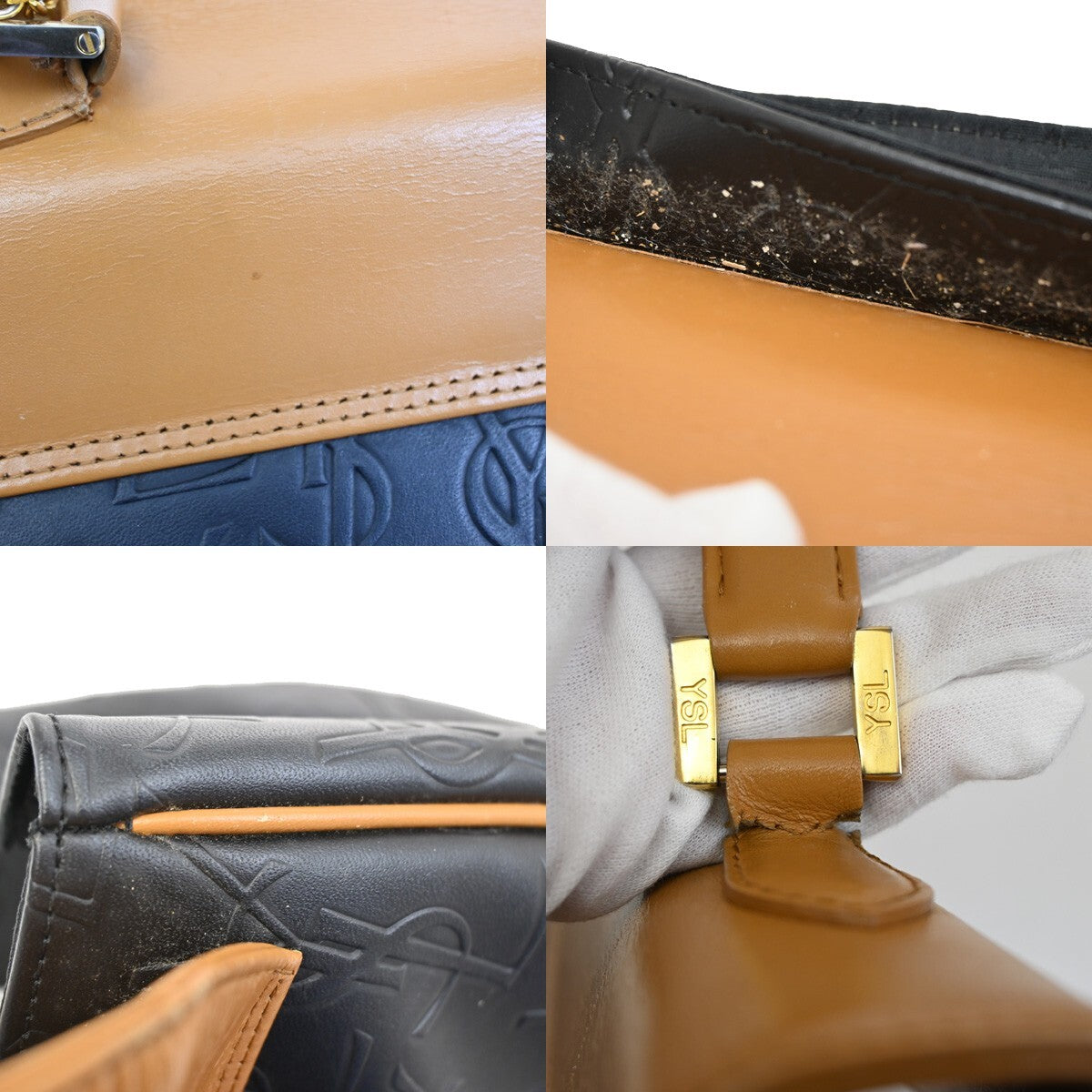 YVES SAINT LAURENT YSL Logo Hand Bag PVC Leather Black Brown Gold 03EE380
