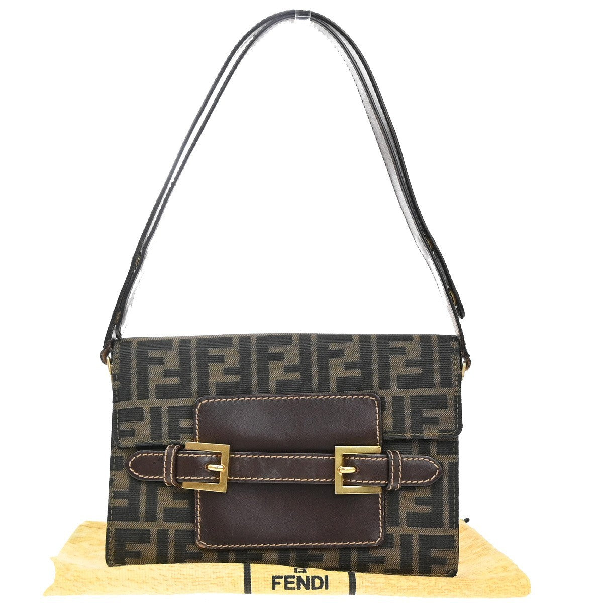 FENDI Logo Zucca Pattern Shoulder Bag Canvas Leather Brown GHW Italy 79KB388