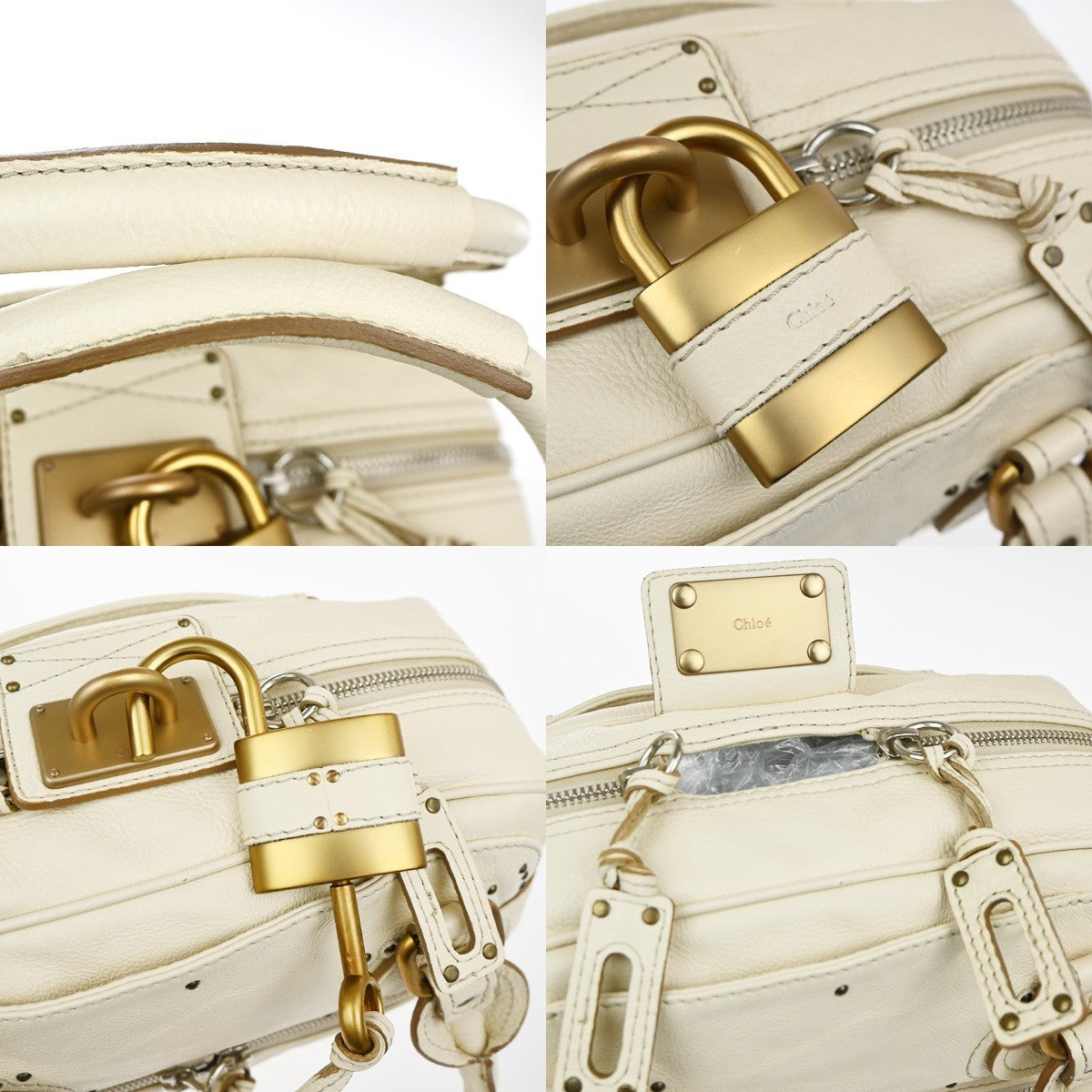 CHLOE Logo Paddington Shoulder Hand Bag Leather Padlock Ivory GHW Italy 25RQ005