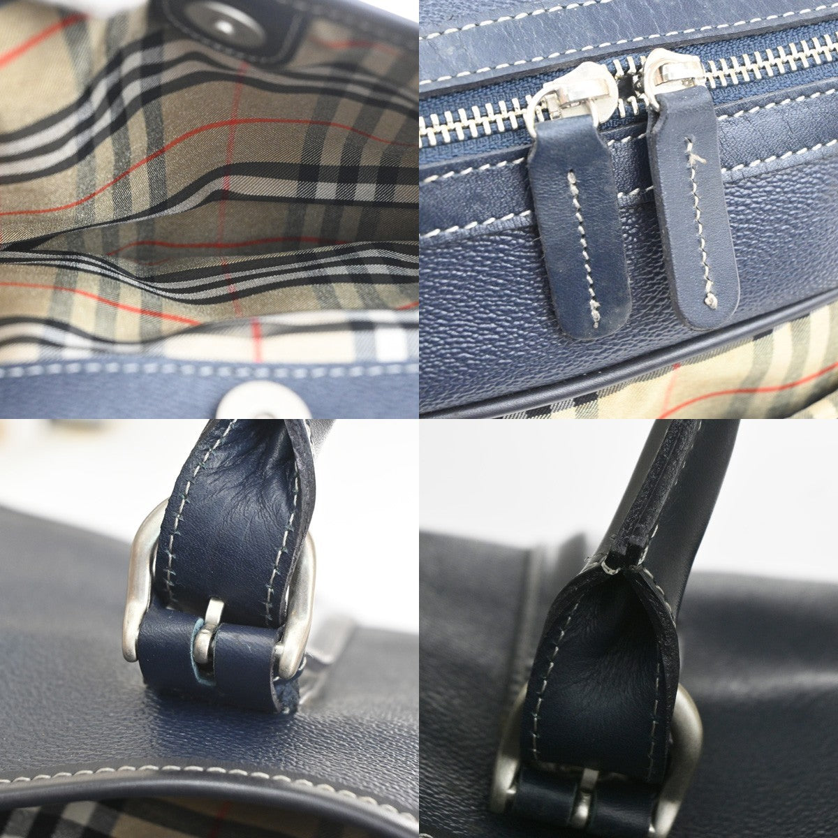 BURBERRY Golf Logo Nova Check Pattern Boston Bag Leather Navy Beige SHW 05CB019